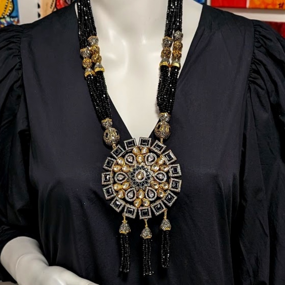 Exquisite Indian Ethnic Jadtar CZ stones Mirror work round pendent necklaces set